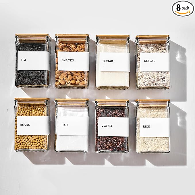 Glass Storage Jars with Bamboo Lids, 27oz Square Food Storage Containers for Kitchen Pantry Organization, Storage Canisters with Labels for Cereal Flour Beans Tea, Large Spice jars Seasoning Bottles