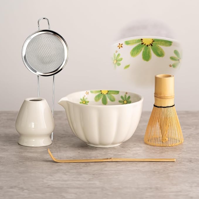 TANG PIN Premium Matcha Set - Traditional Japanese Matcha Making Kit with Spout Bowl (Chawan), Bamboo Whisk (Chasen) & Holder Stand - Complete Matcha Maker Starter Tools for Matcha Tea & Latt (Daisy)