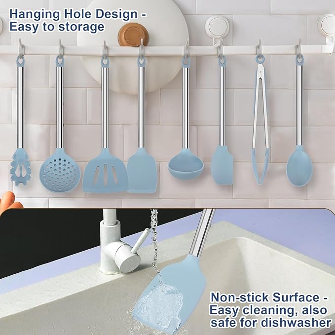 8PCS Kitchen Utensils Set, Vayvnt Heat Resistant Silicone Utensils Set for Cooking, Non Scratch Spatula Spoons for Non Stick Pan, Large Kitchen Cooking Tools, Metal Long Handle&Dishwasher Safe, Blue