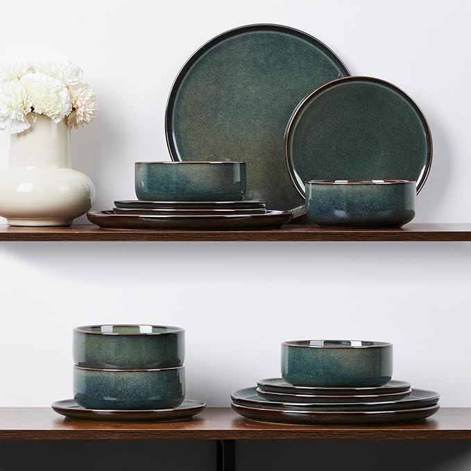 E-far 6-Piece Plates and Bowls Set, Stoneware Dinnerware Sets for 2, Ceramic Dishes Reactive Glaze Dinning Ware, Microwave & Dishwasher Safe - Obsidian Green