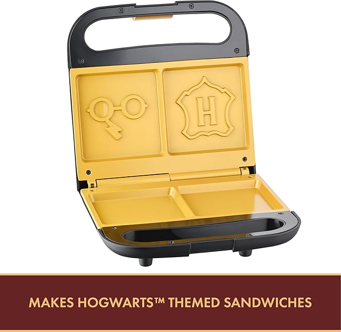 Warner Brothers Harry Potter Dual Sandwich Maker by Select Brands - Ceramic Coated Cooking Plates - Imprints Hogwarts Crest and Harry Potter Glasses on Toasted Sandwiches, Black and Gold, WBH-100SM