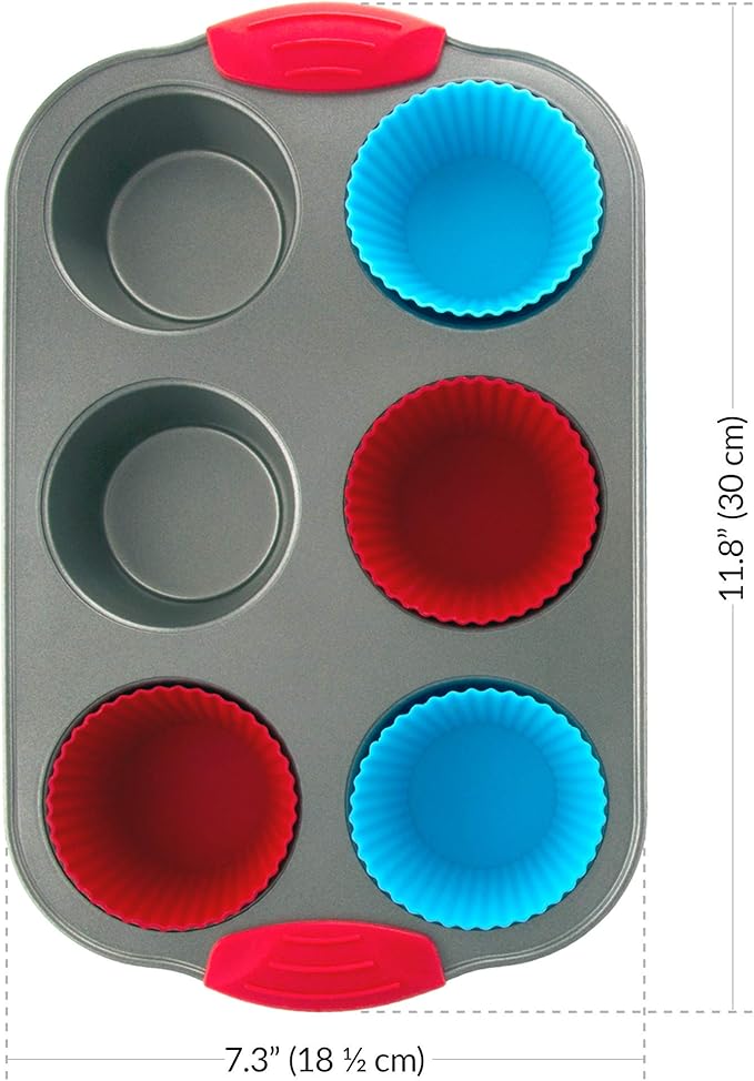 Boxiki Kitchen Duo: Non-Stick Steel Jumbo 6-Cup Muffin Pan with Silicone Handles & Reusable Liners + Non-Stick Steel 8x8 Square Baking Pan.