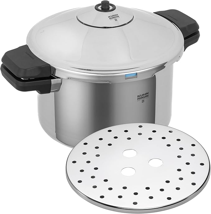 Kuhn Rikon DUROMATIC® 5.0L Stovetop Pressure Cooker – 22cm, Swiss Made – 18/10 Stainless Steel, Energy Efficient, Safe Locking Lid, Works on Induction & All Stovetops, Includes Trivet & Cookbook