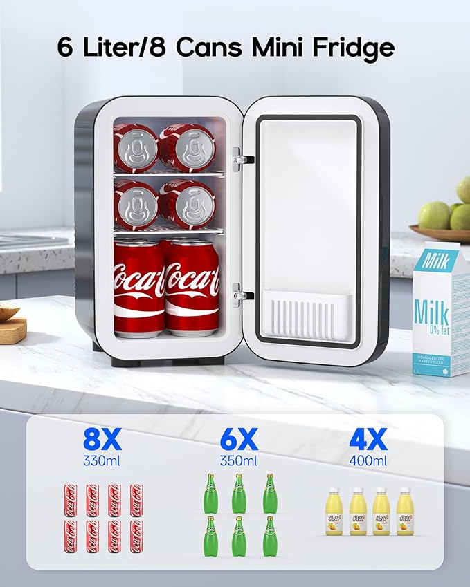 BEICHEN Mini Fridge,6 Liter / 8 Can Small Fridge for Bedroom, Car, Office & Dorm, 110V AC/DC Portable Thermoelectric Cooler & Warmer for Skincare, Food, Drinks,Black