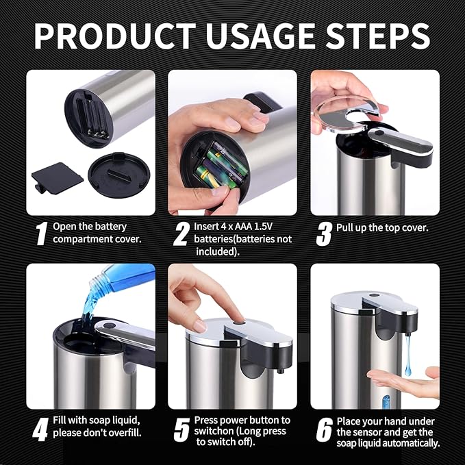 Automatic Soap Dispenser, Automatic Soap Dispenser Touchless, Kitchen & Bathroom, 3 Adjustable Volume for Liquid Soap, Water-Resistant, Hotel, Restaurant and School, Clog-Free, Stainless Steel
