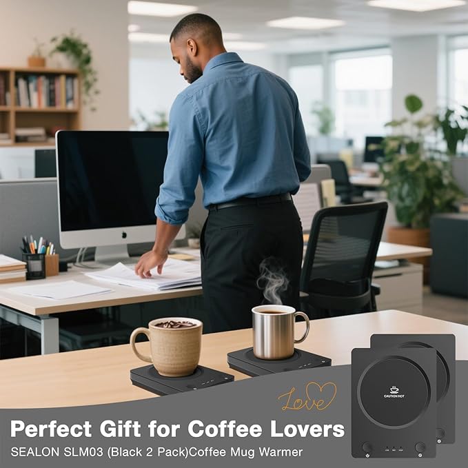 SEALON SLM03 Electric Coffee Mug Warmer (Black, 2 Pack) - 3-Temperature Desk Cup Warmer with Auto Shut-Off (4 Hours) for Heating Coffee, Tea, Milk & Beverages