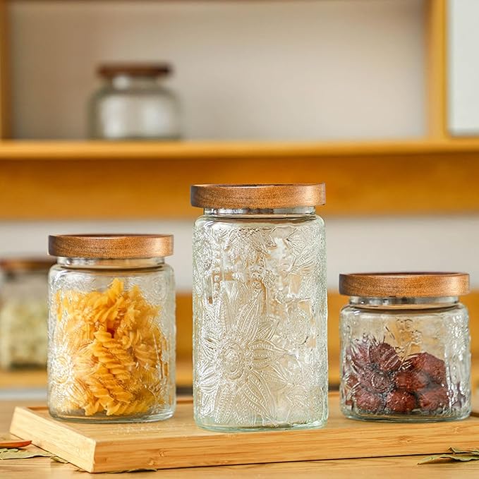 Adodeen 3-Pack 32oz Vintage Glass Jar With Lid, Glass Storage Containers, Airtight Kitchen Storage Containers For Sugar, Coffee, Tea, Spice, Flour, Candy Cookie, Pasta, Cereal