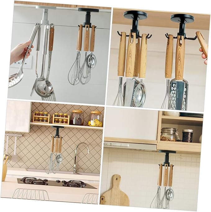 GLEAVI 3pcs Kitchen Utensil Organizer Hooks Rotating Adhesive Under Cabinet Hanger Rack for Cooking Tools and Measuring Spoons in Black