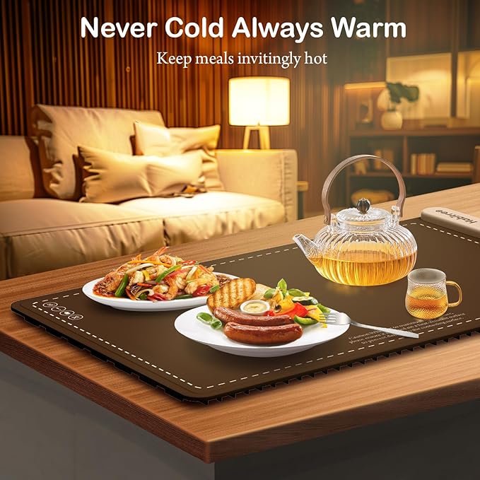 3-Pack Silicone Food Warming Mat & Food Warmers for Parties Buffet - Rapid Heating 6-Level Temp Control, Rollable Portable Easy Clean - Value Set for Gatherings & Home Daily Use（Brown）