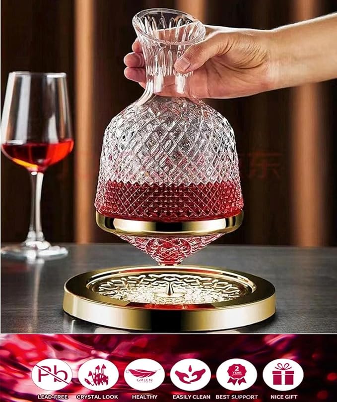 Wine Decanter Set - Spinning Crystal Red Wine Decanter Golden, 1.5L Luxury Wine Aerator Carafes Glass, Jarler Hand Blown lead-free Decanter with Greeting Card, Art Wine Gift for Wine Lover