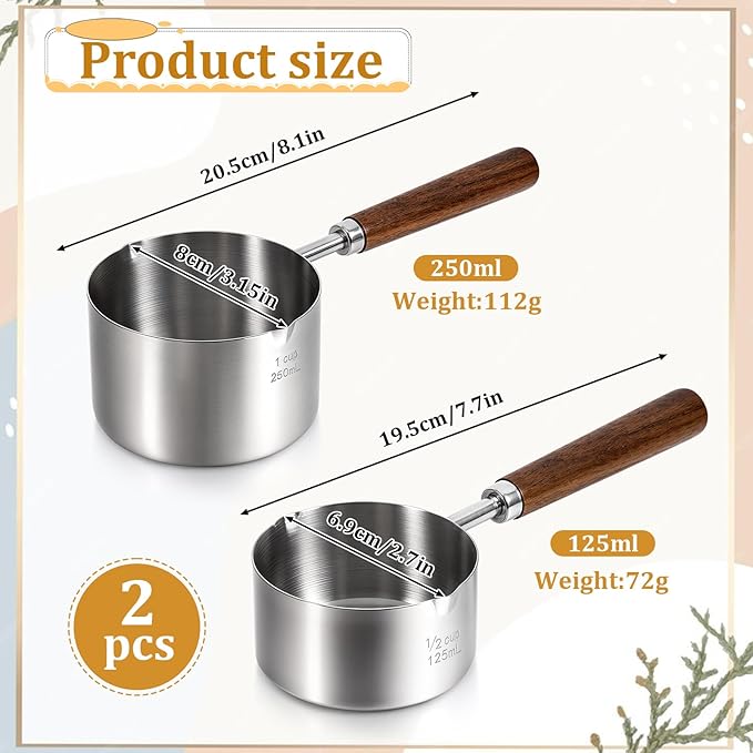 2 Pcs 8.5 oz/4.2 oz Mini Food Grade Stainless Steel Butter Warmer, Mini Food Warmer with Dual Spouts, Small Milk Saucepan with Wood Handle, for Coffee Milk Warming Chocolate Butter Melting