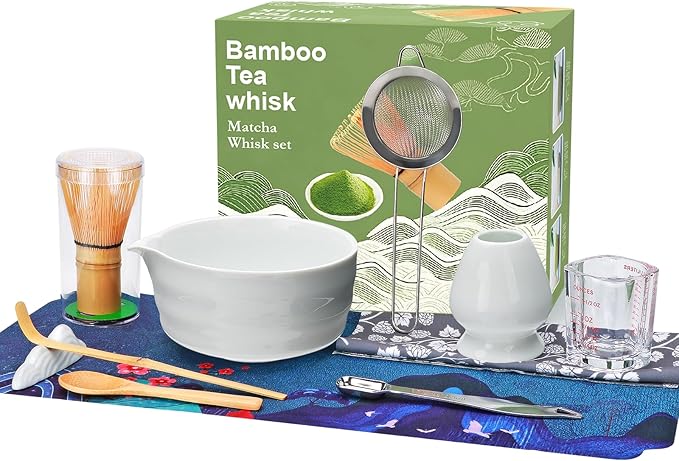 Matcha Whisk Set,11Pcs Matcha Set,Matcha Kit,Whisk Made from 100% Natural Bamboo, 11-component set for all your matcha-making needs,Contains stainless steel spoon, measuring cup(white)