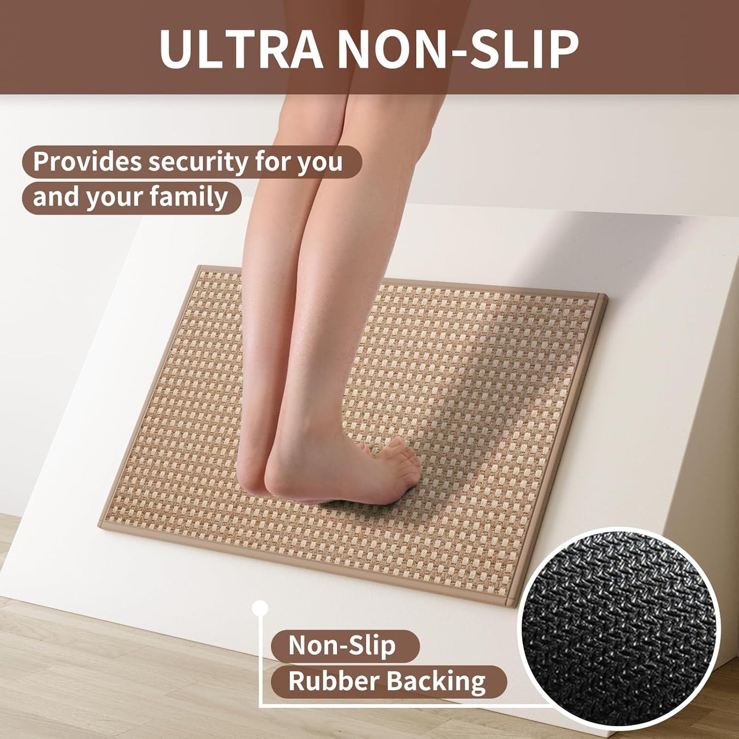 Long Kitchen Runner Rugs Kitchen Mat Non Slip Washable, Super Absorbent Soft Chenille Braided Kitchen Mats for Floor, Rubber Backing Kitchen Floor Sink Standing Mat, Easy Clean, Brown 17"x71"