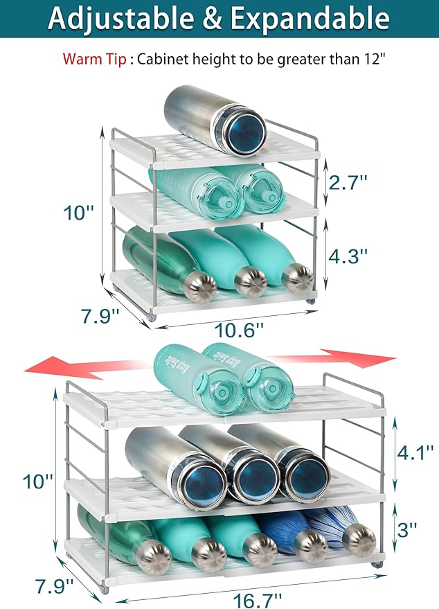 10.6-16.7" Adjustable Width Water Bottle Organizer for Cabinet, 3-Tier Expandable Water Bottle Holder Rack, Cup and Tumbler Storage for Kitchen Organization, Sports Flask, Insulated Travel Mug, Fridge