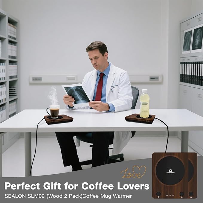 SEALON SLM02 Electric Coffee Mug Warmer (Wood, 2-Pack) - 3-Temperature Desk Cup Warmer with Auto Shut-Off (4 Hours) for Heating Coffee, Tea, Milk & Beverages