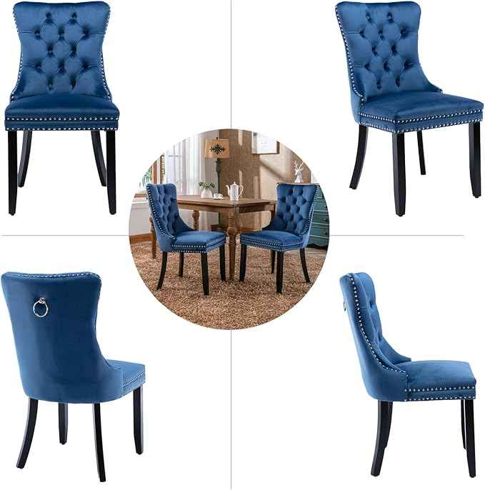 Upholstered Dining Chairs Set of 6, Velvet Dining Room Chairs with Back Ring Pull Trim and Solid Wood Legs, Tufted Wingback Kitchen Chair Perfect for Dining Room,Living Room,Kitchen(Blue)