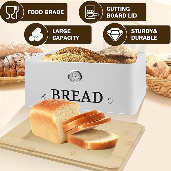 White Bread Box for Kitchen Countertop with Bamboo lid, Hygrometer Kitchen Organizer for Sourdough, Buns, and Loaves, Bread Storage Container
