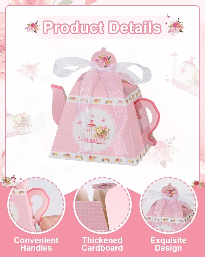 Liobelon 24 Pieces Floral Tea Party Favors Boxes Centerpiece Table Decoration Teapot Favor Boxes Tea Party Treat Gift Boxes Goodie Treat Bags Candy Boxes for Wedding Baby Shower Tea Party Decorations