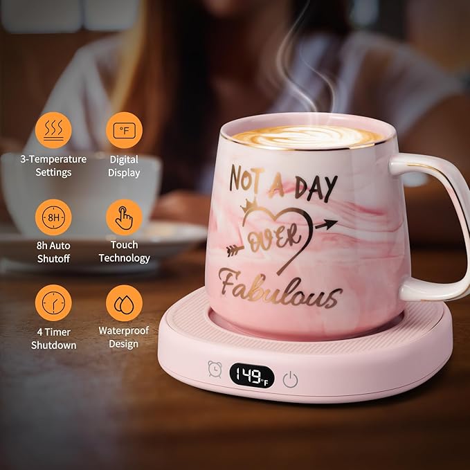 Coffee Mug Warmer & Not A Day Mug Set, Coffee Cup Warmer for Desk, 4 Temperature Setting, Smart Electric Beverage Warmer for Coffee, Tea, 8-Hours Auto Shut Off