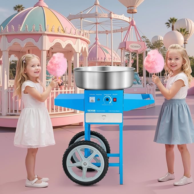 VEVOR Commercial Cotton Candy Machine with Cart, 1000W Electric Candy Floss Maker with 20.5 in Stainless Steel Bowl, Sugar Scoop and Drawer, for Home, Kids Birthday, Family Party, Blue