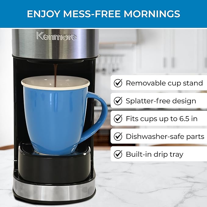 Kenmore Single Serve Coffee Maker – Compatible with Keurig K‑Cup Pods & Ground Coffee, One Cup Brewer, 6–12 Oz Brew Sizes, Travel Mug Friendly, Auto Shut‑Off, Hot & Iced Maquina de cafe, Black