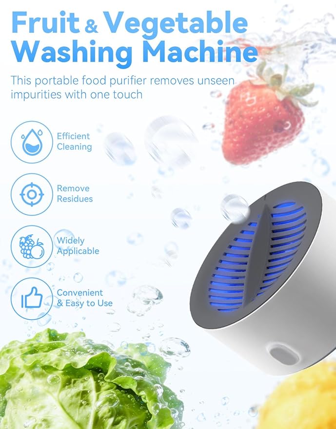 Fruit and Vegetable Cleaner - 3-Minute Clean, Fruit Washer with Electrolysis Purifier Technology, Magnetic Charging, Portable Wireless Veggie Wash for Washing Fruits, Vegetables, Rice, Meat (1PCS)