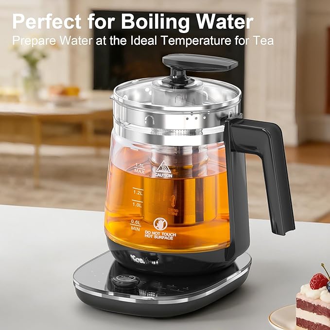 1200w Electric Kettle, 1.5L Borosilicate Glass tea kettle, Hot water kettle electric for Coffee or Tea, BPA Free, Auto Shut-Off, Stainless Steel, Fast Boil, Black