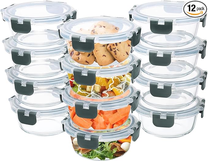 GULFLIN 12 Pack Small Glass Food Storage Containers with Lids Airtight, 13oz Leak-Proof Meal Prep Containers Set, Freezer to Microwave Safe, Dishwasher Safe