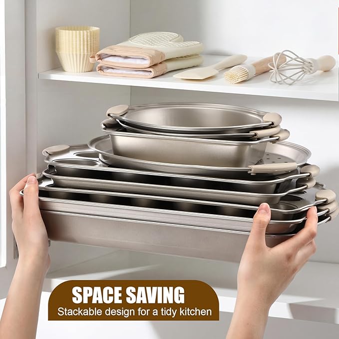 39 Pcs Nonstick Baking Pans Set Stackable Bakeware Set with Silicone Handles, 450°f Oven Safe Easy Release Baking Sheet Sets Cookie Sheets Sets for Cooking