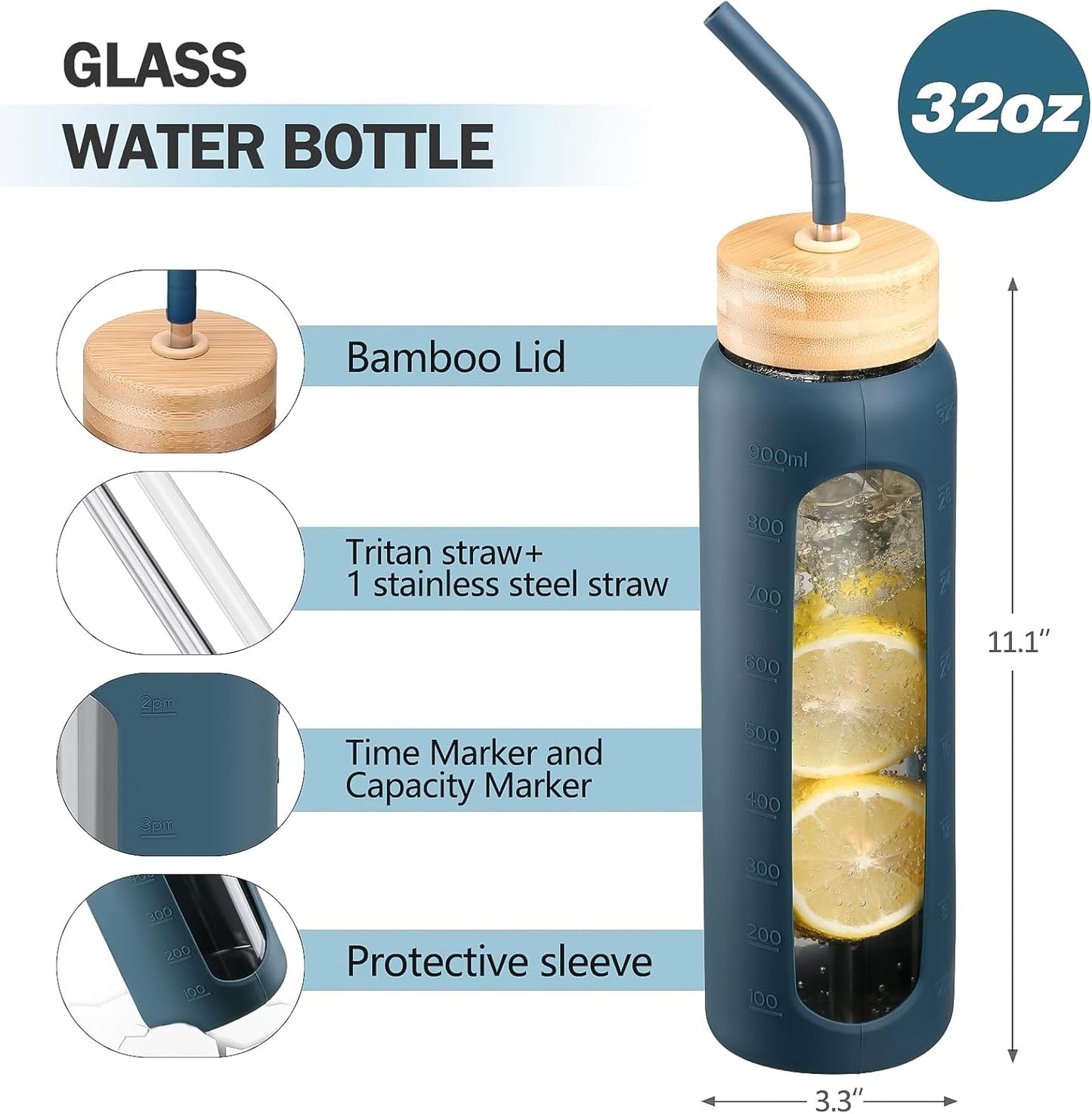 32oz Glass Water Bottle with Straw and 2 Lids- Bamboo Straw and Spout Lid with Phone Holder for Gym, Glass Drinking Bottles with Silicone Sleeve and Motivational Time Marker, Dark Blue