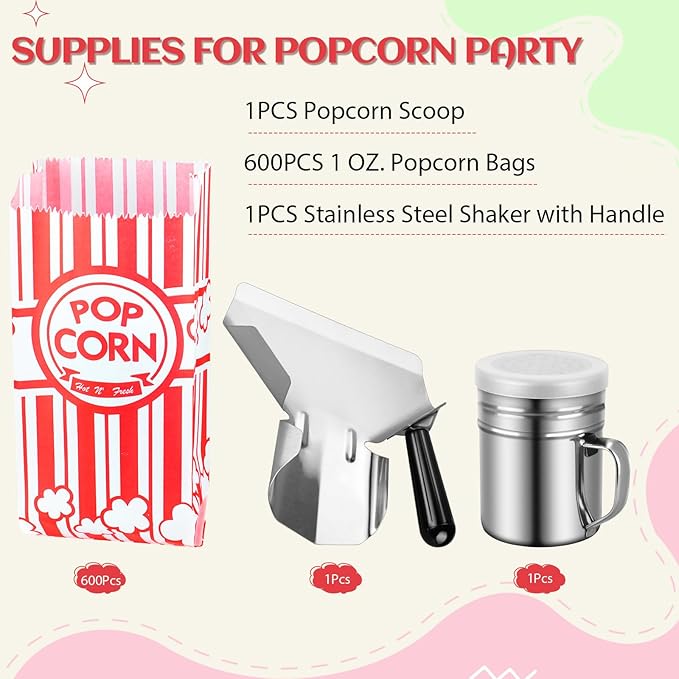 Essenya 602 Pcs Popcorn Bags with Popcorn Scoop and Salt Shaker,1 oz Small Pop Corn Bags Popcorn Bags Individual Servings for Popcorn Machine Supplies Party Movie Night Theater
