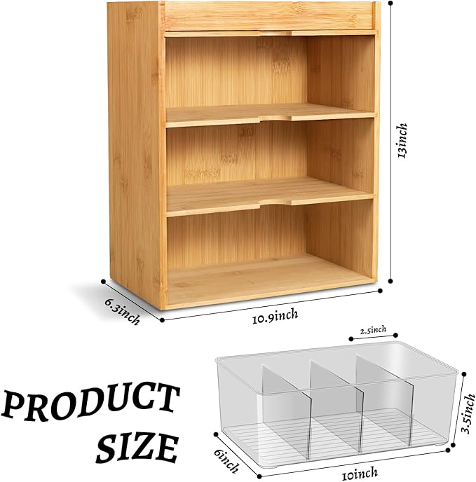 TIMIEEYA Tea Bag Organizer - Bamboo Tea Storage With Drawer 3 Layer, Organizer for Tea Bags Natural Wood & Acrylic for Countertop Office Kitchen Cabinet Pantry