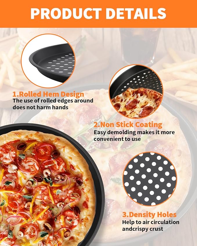 3 PCS Nonstick Pizza Pan with Holes,10/11/12 In Perforated Carbon Steel Pizza Tray for Oven, Round Bakeware Pizza Tray for Home Restaurant Kitchen