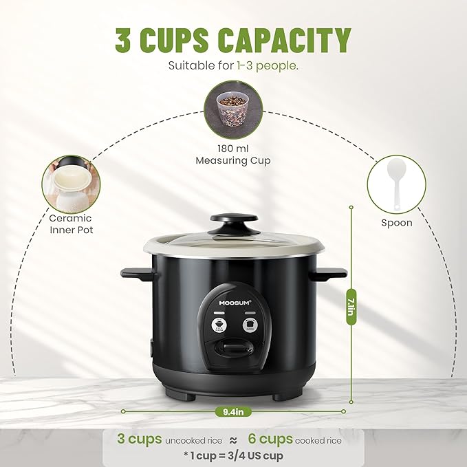 3-Cup Uncooked Rice Cooker Small - Ceramic Coating Non-Toxic Inner Pot, One-Touch Multifunction for Rice/Sauté/Yogurt, Dishwasher Safe, 1-3 People Size, Dark