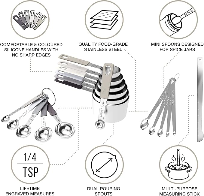 CuttleLab 22-Piece Stainless Steel Measuring Cups and Spoons Set, Tad Dash Pinch Smidgen Drop Mini Measuring Spoons, Measuring Stick Leveler, Measurement Conversion Chart Fridge Magnet, (Charcoal)