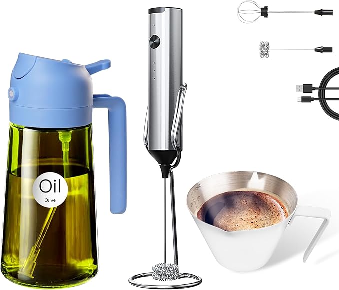 YARRAMATE 16oz/470ml Glass Olive Oil Sprayer (Blue), 100ml Metal Measuring Cup and Rechargeable Milk Frother