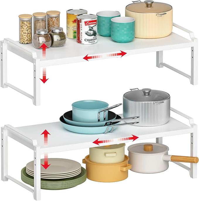 X-cosrack 12" Wide 100LBS Loading-Bearing Heavy Duty Kitchen Storage Shelf, Expandable Cabinet Shelf Organizer, Stackable Adjustable Storage Shelves for Kitchen Cabinet Cupboard Pantry Counter