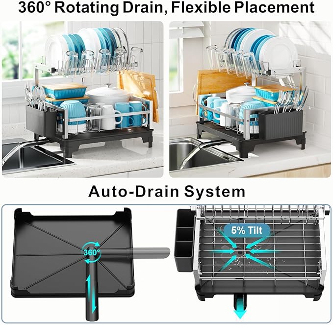GSlife Stainless Steel Dish Drying Rack 2 Tier, Compact Dish Racks for Kitchen Counter with Cutting Board Holder, Auto-Drain Spout, Rust Proof Dish Drainer for Apartment, 21" L x 12.6" W, Silver