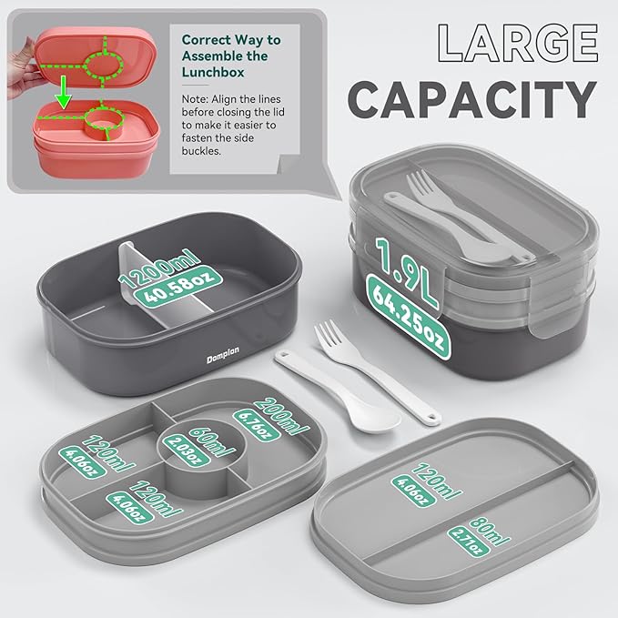 2 Layers Bento Box, All-in-One Stackable Lunch Container with Compartments, 64oz Leakproof Microwave Safe Dishwasher Safe Bento Box with Lunch Bag and Utensil Set for Kids and Adults