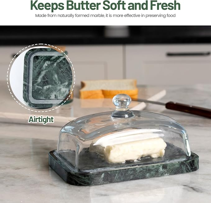 Koville Green Marble Butter Dish with Glass Lid for Countertop and Refrigerator Door Shelf, Green Marble Butter Keeper, Stone Butter Dish with Lid, Airtight Butter Keeper Container, Dishwasher Safe