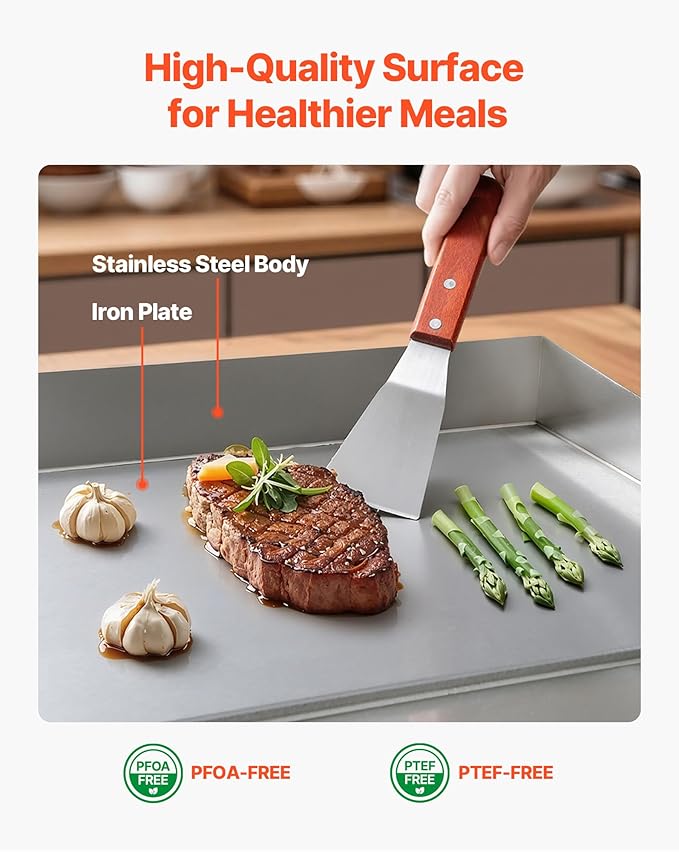 VEVOR Commercial Electric Griddle, 13.98 x 11.81 inch, 1750W, 122-570°F Adjustable Temp Control, Stainless Steel Countertop Flat Top Grill with 2 Spatulas and 2 Brushes, for Steak, Pancake, Squid