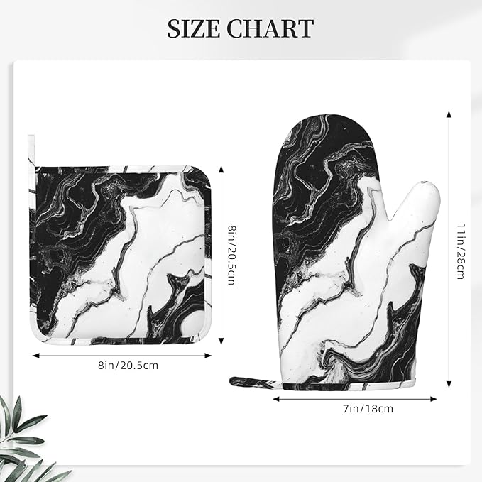 Oven Mitts and Pot Holders Marble Black White Liquid Abstract Silicone Kitchen Accessories Set of 4 Heat Resistant Long Gloves Potholder Non-Slip Grip for Chef Cooking Baking Grilling BBQ