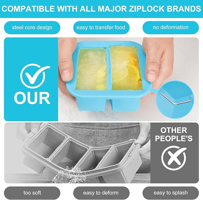 Silicone Freezer Tray with Lid 2 Pack Silicone Freezer Molds Ice Cube Tray Makes 4 Perfect 1 Cup Portions Soup Cubes Meal Prep Containers- Oven & Dishwasher Safe