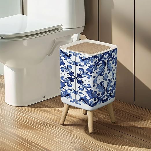 Small Trash Can with Lid Sicilian ceramic style tile featuring blue decorative flourishes Wastebasket with Press Cover Dog Proof Garbage Can Waste Bin for Kitchen Bathroom Nursery 2.6 Gallon