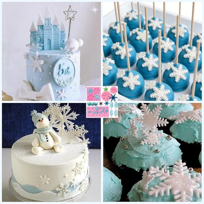 4 Pieces 3D Snowflake Silicone Mold Winter Snowflake Fondant Silicone Mold for Cake Cupcake Decoration Polymer Clay Crafting Projects