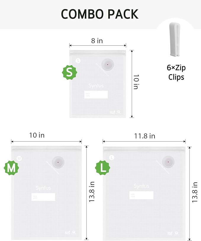 Syntus Vacuum Sealer Bags for Food, 60 Pcs (S+M+L) 8" x 10" and 10" x 13.8" and 11.8" x 13.8" Food Storage Bags for Sous Vide Cooking Microwave Heating, Air Valve Zipper Bags