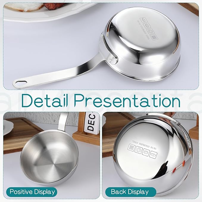 18/10 Stainless Steel Butter Warmer Mini Butter Warmer Milk-Warmer Pot with Pour Spouts Mini Sauce Pan for Milk, Coffee, and Melting Chocolate, 0.5-Quart