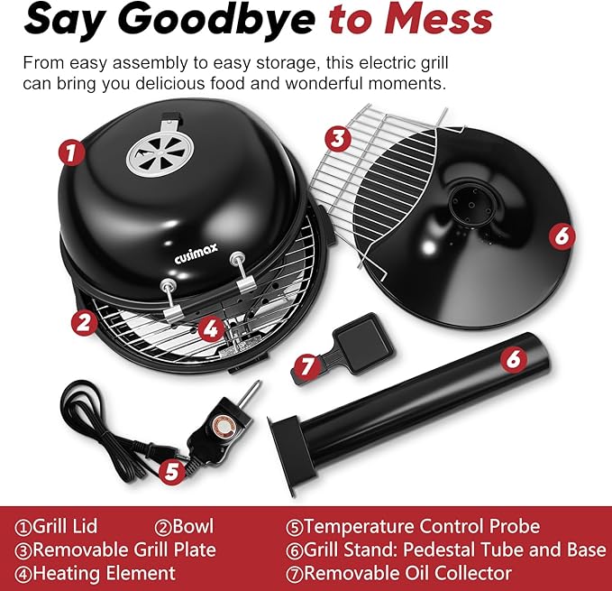 Electric Grill, CUSIMAX Electric Indoor/Outdoor Grill, 1600W Portable BBQ with Lid for Indoor & Outdoor Use, Adjustable Heat, Removable Stand Grill for Cookouts, BBQ Gatherings, Small Spaces