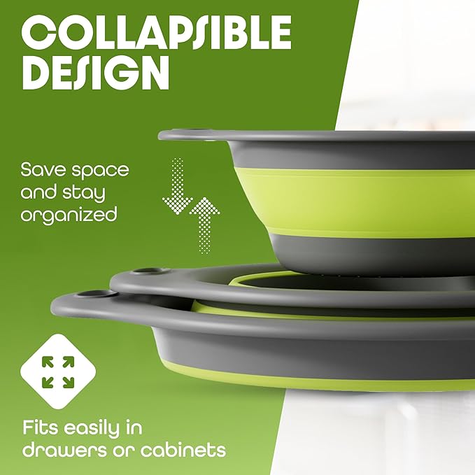 3-Pack Collapsible Colanders with Self-Draining Base, Over Sink-edge Silicone Food Strainers, Small/Med/Large Sizes, Nesting for Easy Compact Storage (3Qt, 4Qt, 5-Quart Set) Green/Gray