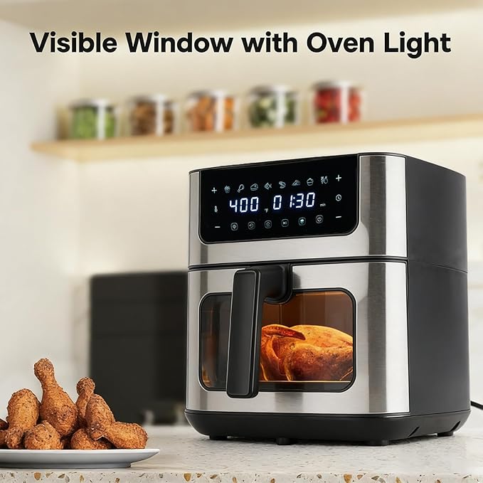 Simple Deluxe 8-in-1 Air Fryer 6.34 Qt, Digital Preset Airfryer with Visible Window, Nonstick and Dishwasher-Safe Basket, Air Fry, Chicken, Pizza, Dehydrate, Fries, 90-Min Timer, 1700W, Black